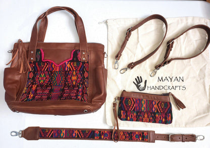 Custom Huipil Pattern Brown Genuine LEATHER CONVERTIBLE BACKPACK Bag - Aesthetic Full Grain Leather Handles cross body And Handbags