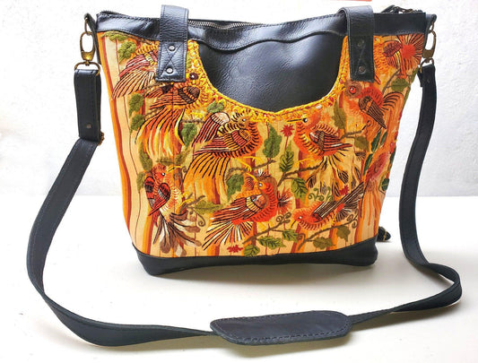 Convertible backpack crossbody day bag / diaper purse genuine soft black leather / Santiago huipil patterned