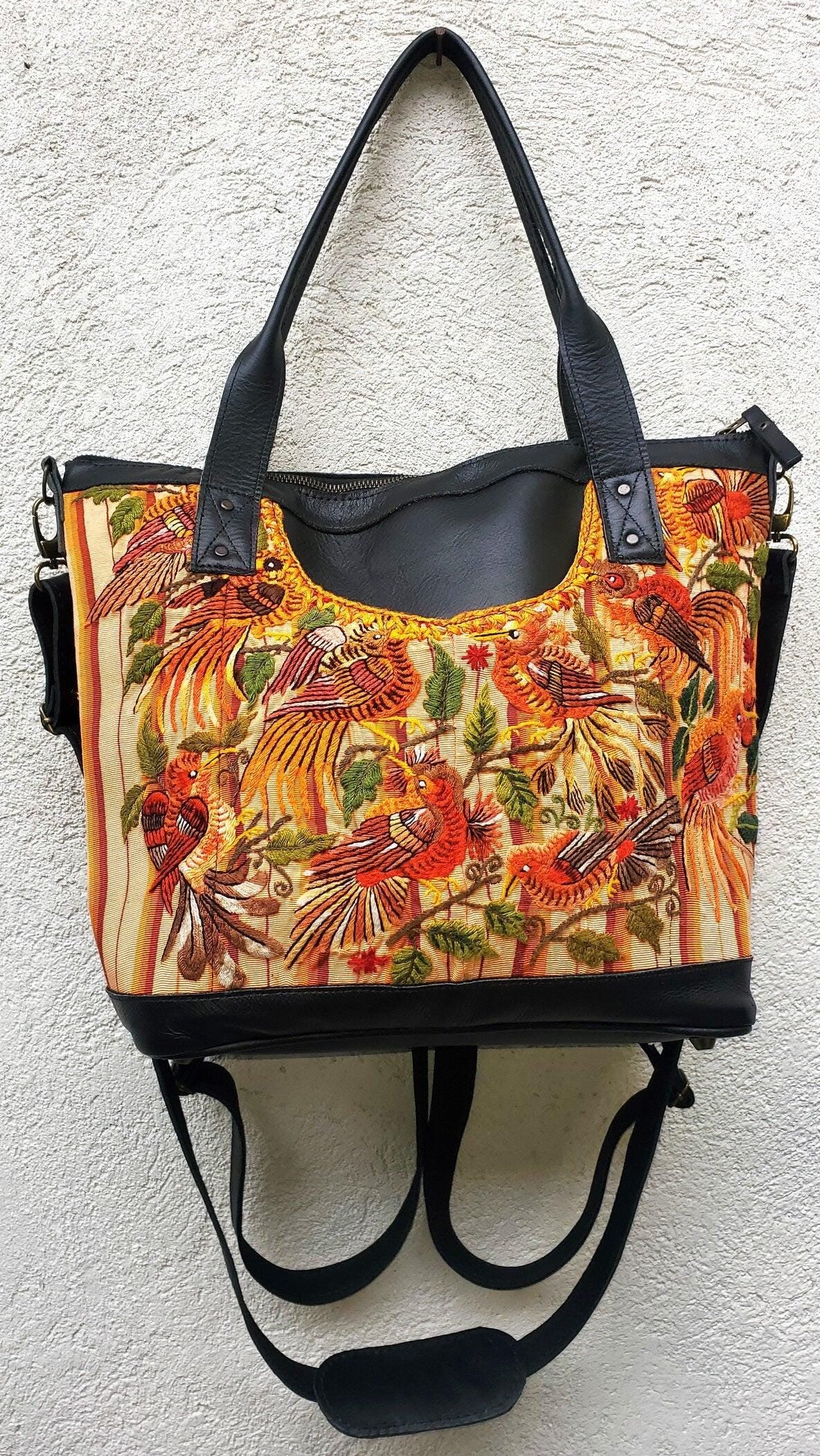 Convertible backpack crossbody day bag / diaper purse genuine soft black leather / Santiago huipil patterned