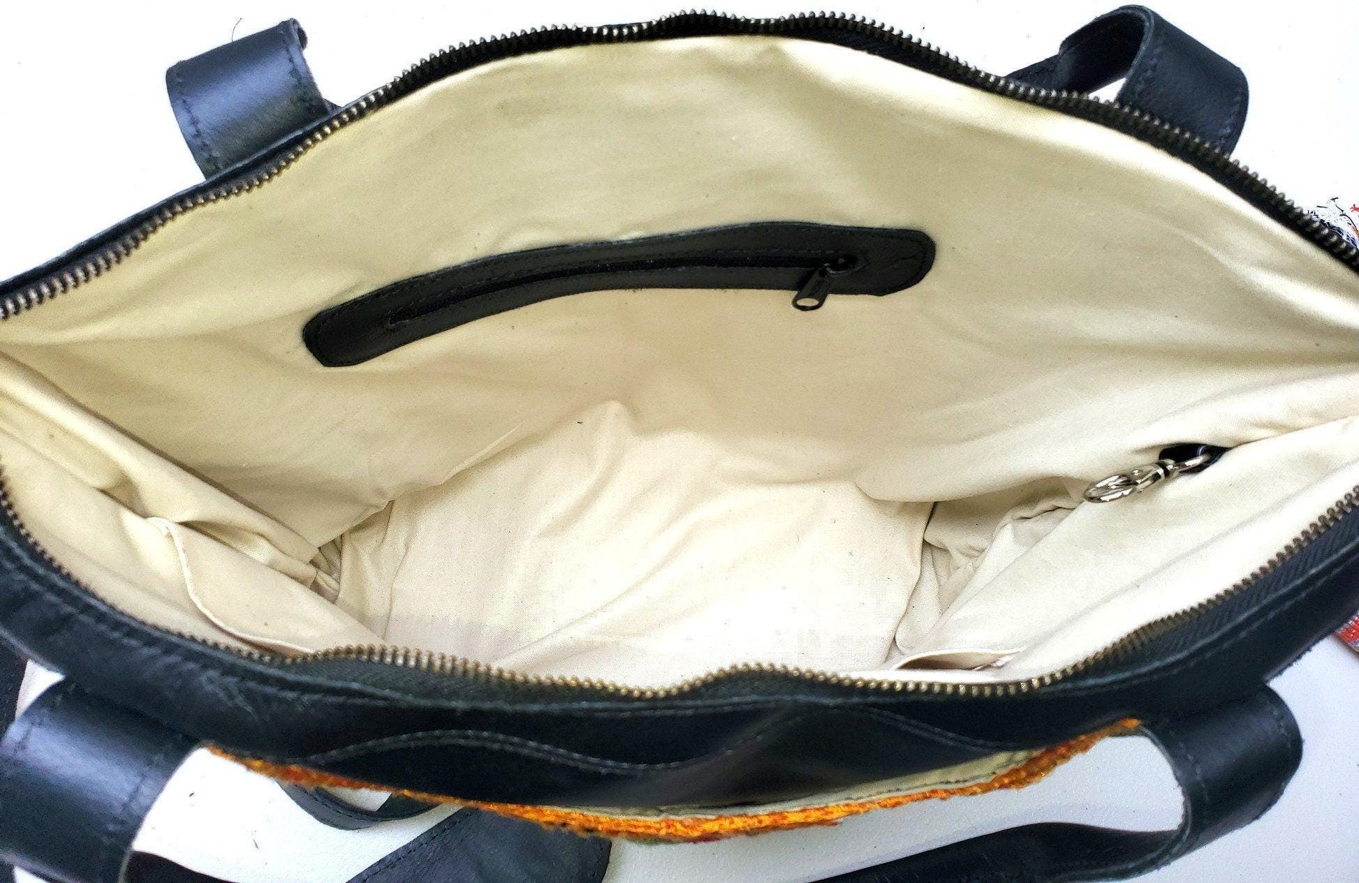 Convertible backpack crossbody day bag / diaper purse genuine soft black leather / Santiago huipil patterned