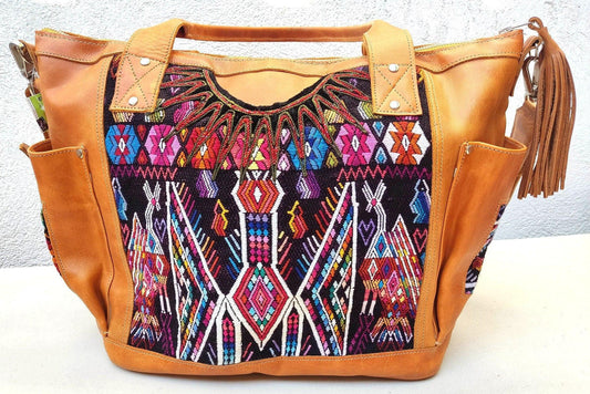Huipil Pattern Brown Tan Genuine LEATHER CONVERTIBLE BACKPACK Bag - Aesthetic Full Grain Leather Handles cross body And Handbags
