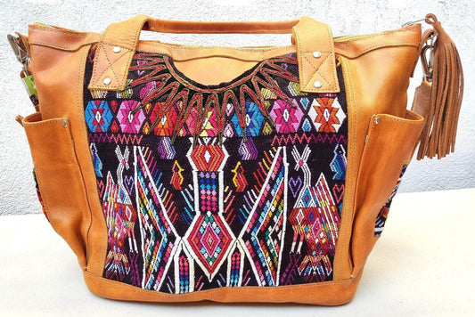 Huipil Pattern Brown Tan Genuine LEATHER CONVERTIBLE BACKPACK Bag - Aesthetic Full Grain Leather Handles cross body And Handbags