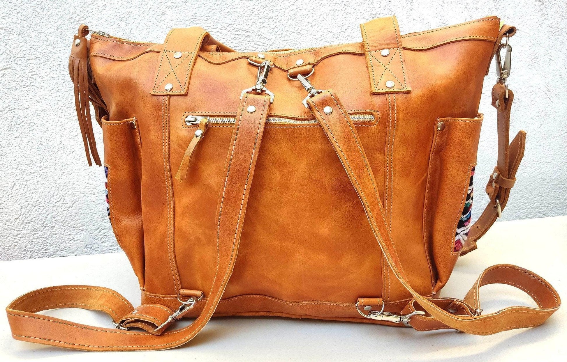Huipil Pattern Brown Tan Genuine LEATHER CONVERTIBLE BACKPACK Bag - Aesthetic Full Grain Leather Handles cross body And Handbags