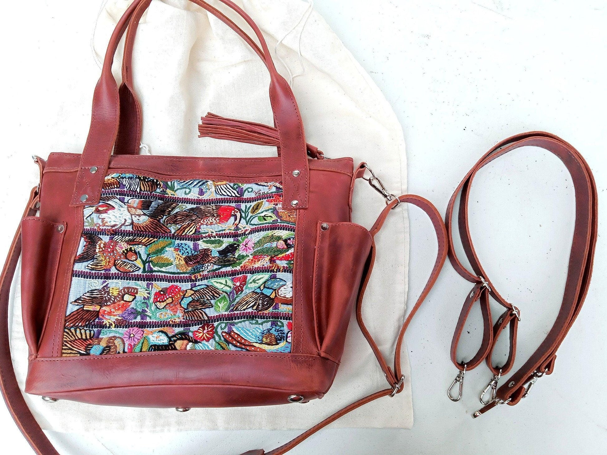 Custom Huipil Pattern Caramel Brown Genuine LEATHER CONVERTIBLE BACKPACK Bag - Aesthetic Full Grain Leather Handles cross body And Handbags