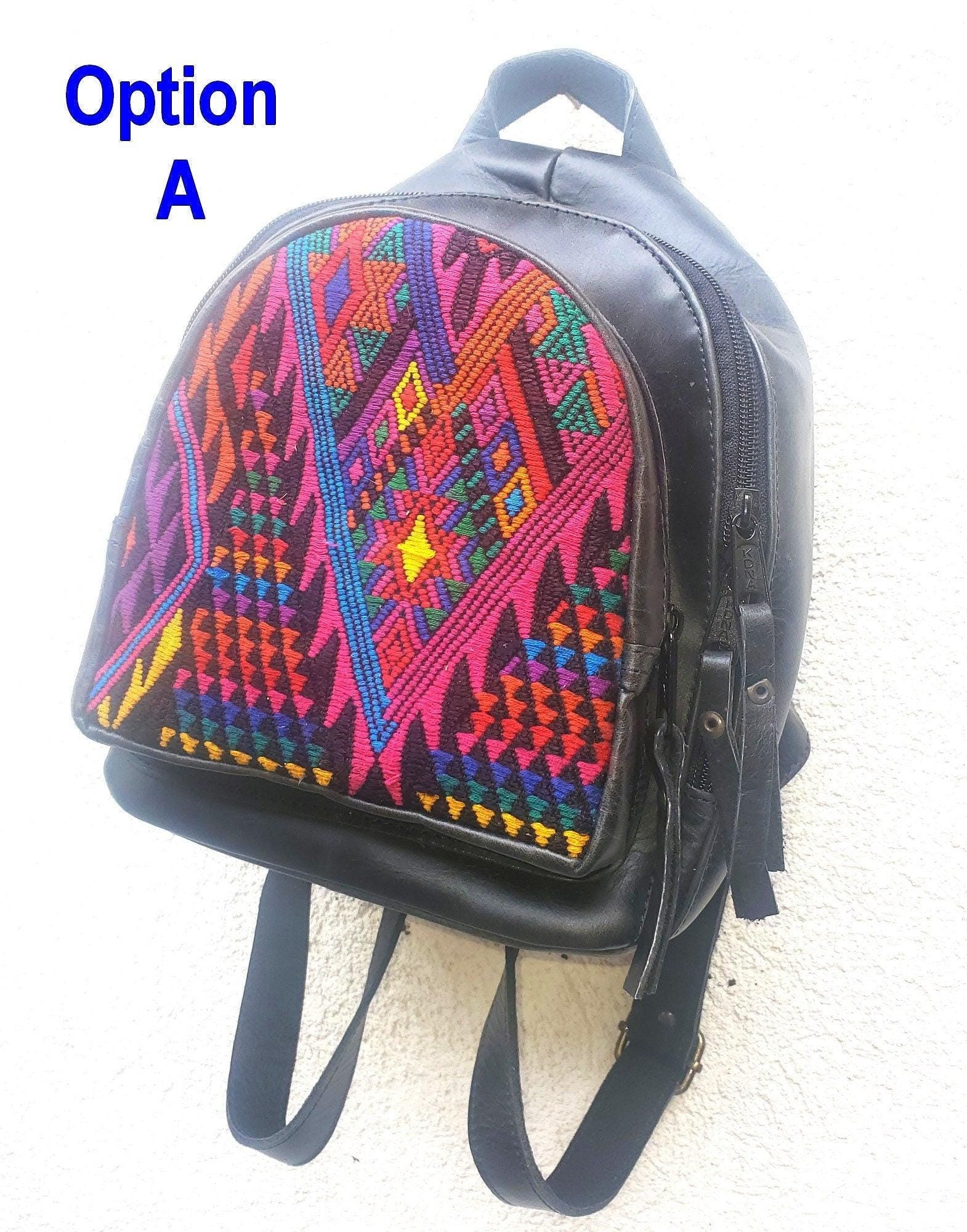 Huipil Pattern Tan Genuine LEATHER BACKPACK Bag - Aesthetic Grain Leather