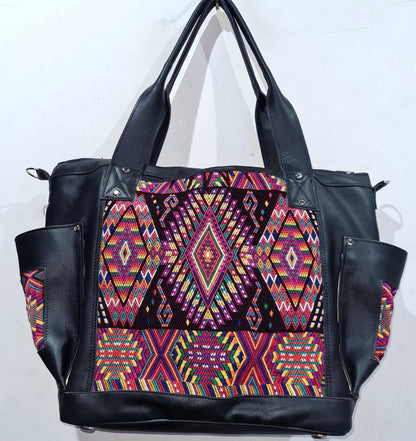 Custom Huipil Pattern Black Genuine LEATHER CONVERTIBLE BACKPACK Bag - Aesthetic Full Grain Leather Handles cross body And Handbags