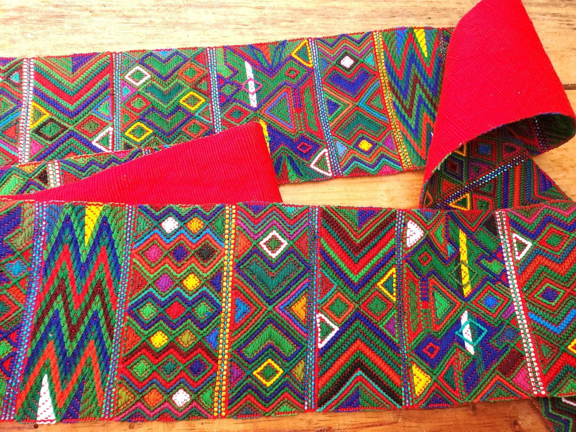 Vintage Red / Green Unique Guatemala Handmade WEAVED Cotton SASH CINTA from Aguacatan