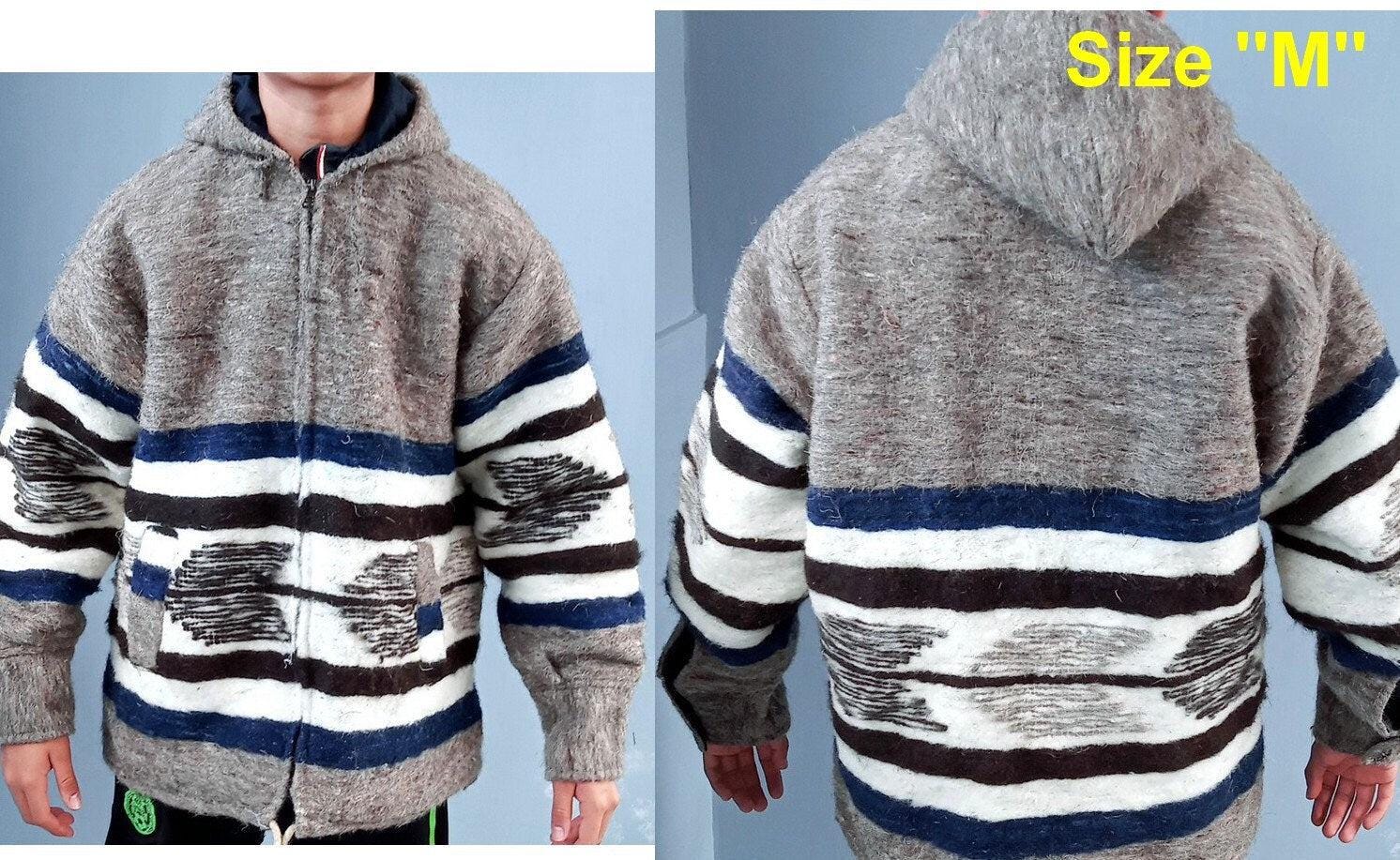 Hand Woven GUATEMALAN WOOL Hooded JACKET For Men - Heavy Weight Poncho Boho And Hippie Cotton Lining Zipper Jacket