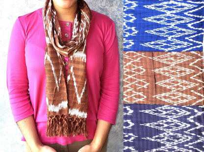 Handmade Guatemalan light weight cotton ikat scarf with fringes