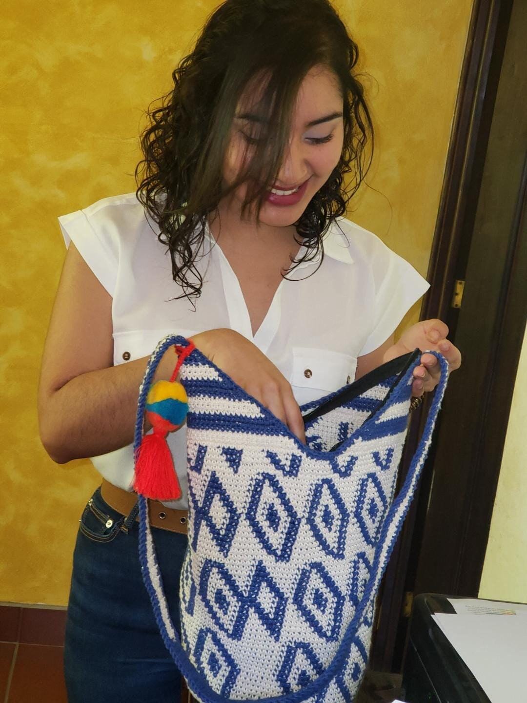 Handwoven Cotton CROCHETED GUATEMALAN Cross Body TOTE Bag With Zipper Closure And Pom Tassel Available In Multiple Options