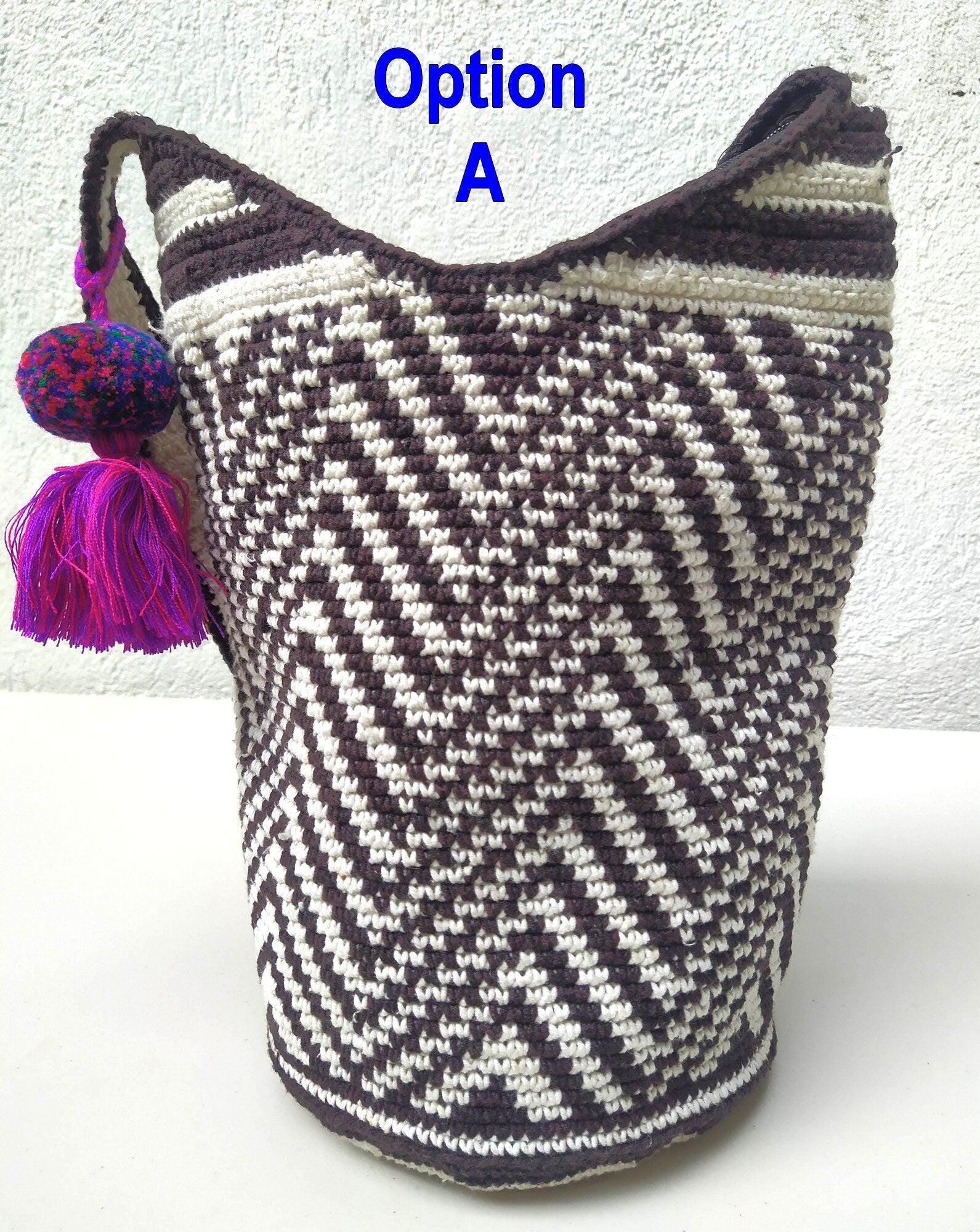 Handwoven Cotton CROCHETED GUATEMALAN Cross Body TOTE Bag With Zipper Closure And Pom Tassel Available In Multiple Options