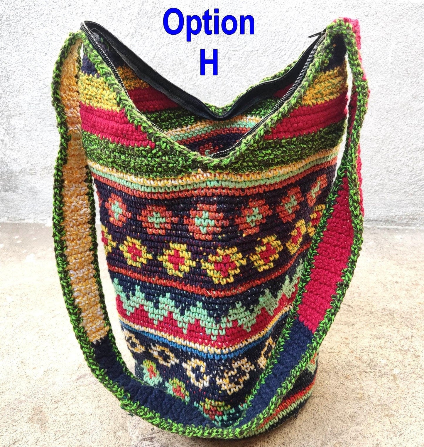 Handwoven Cotton CROCHETED GUATEMALAN Cross Body TOTE Bag With Zipper Closure And Pom Tassel Available In Multiple Options