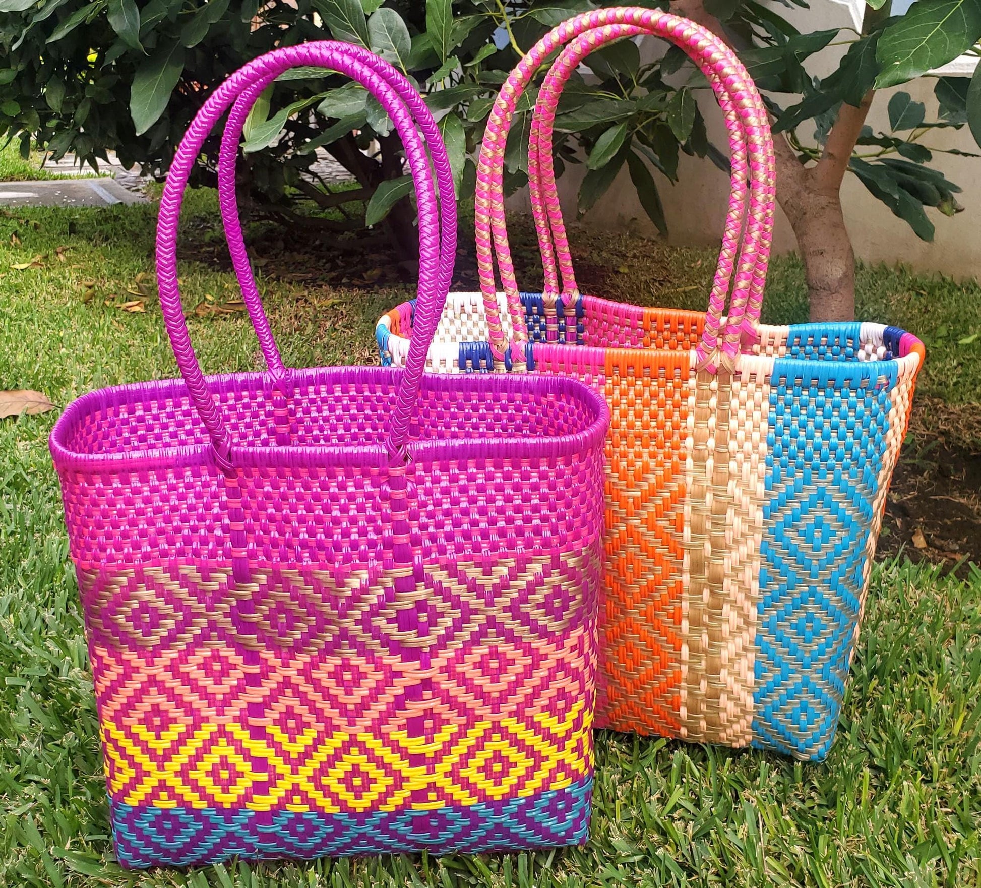 Large Woven Guatemalan Plastic market Bag - RECYCLED PLASTIC Basket - Mayan Fair Trade 