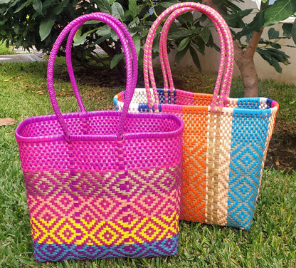 Large Woven Guatemalan Plastic market Bag - RECYCLED PLASTIC Basket - Mayan Fair Trade 