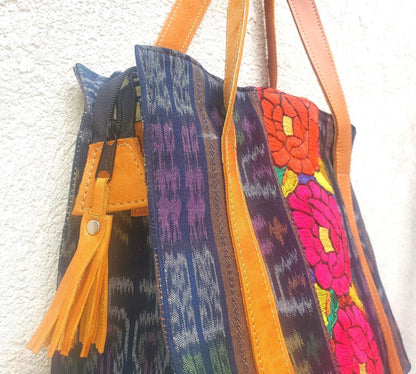 Guatemalan Cotton Handwoven IKAT Tote SHOPPING BAG / Authentic Leather Handles