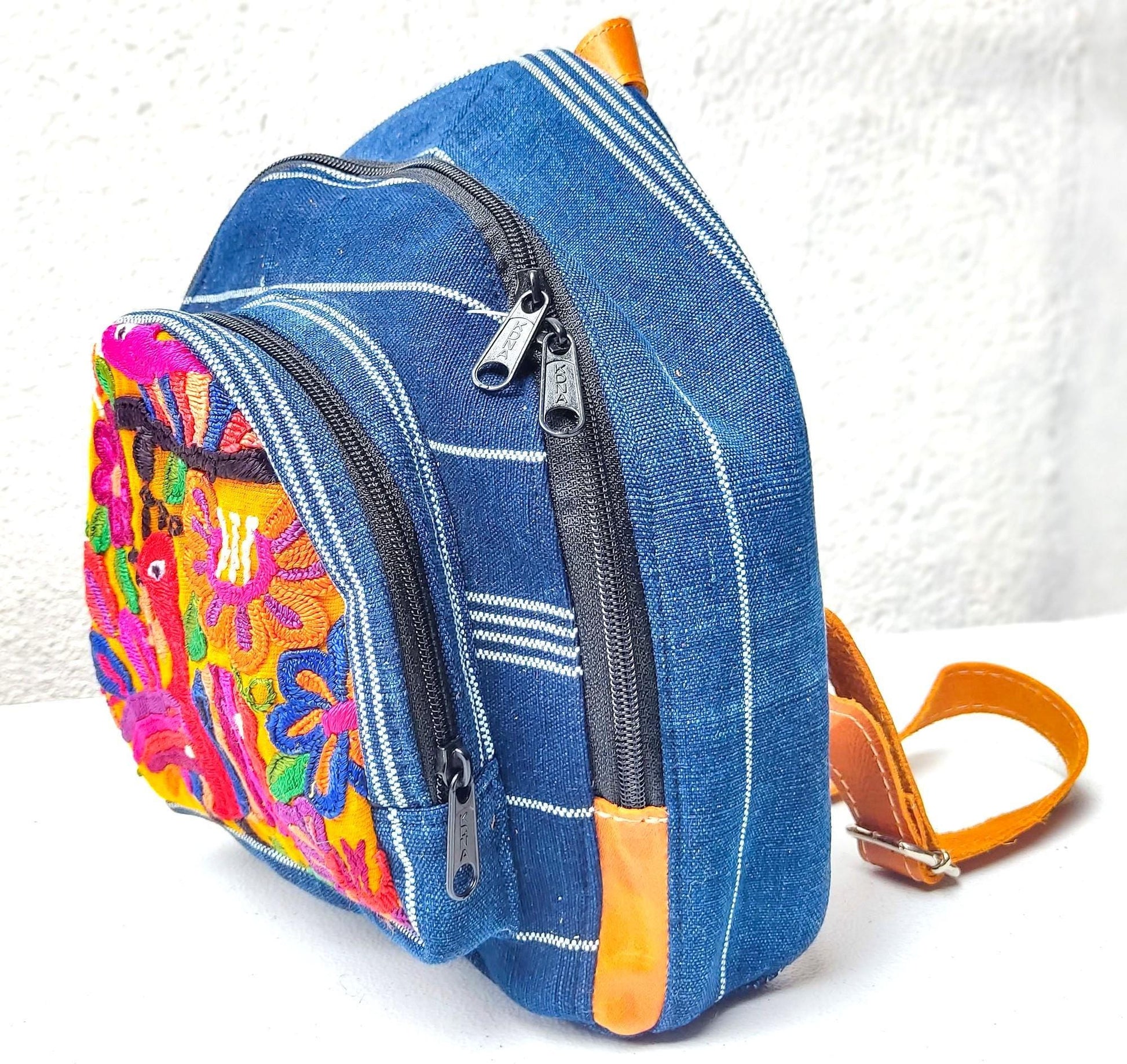 Guatemalan Upcycled Cotton INDIGO Backpack Huipil Pocket LEATHER Straps