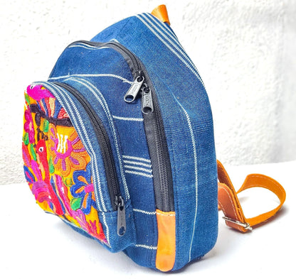 Guatemalan Upcycled Cotton INDIGO Backpack Huipil Pocket LEATHER Straps