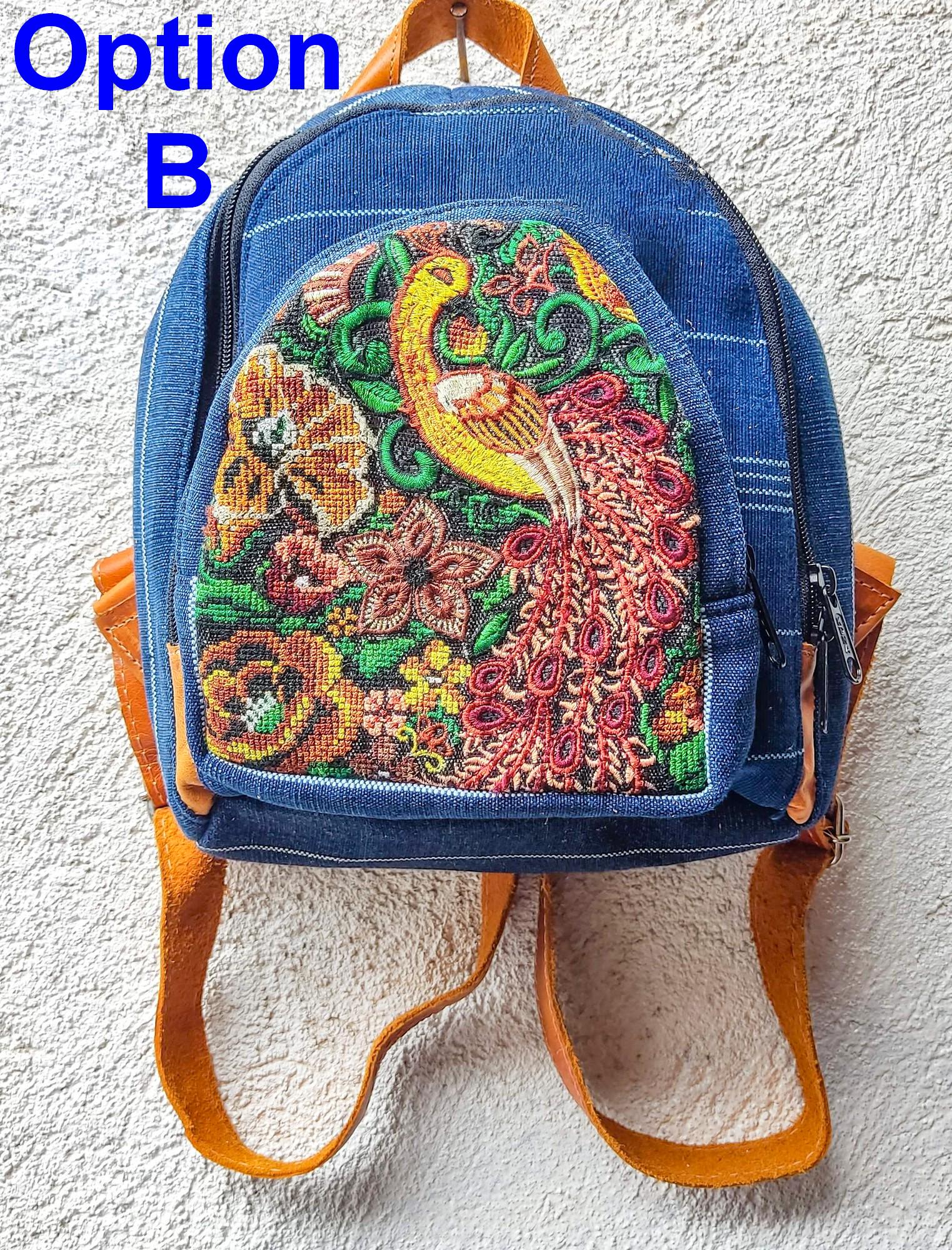 Guatemalan Upcycled Cotton INDIGO Backpack Huipil Pocket LEATHER Straps