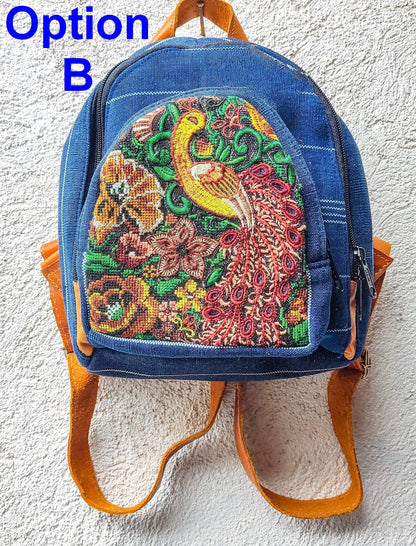 Guatemalan Upcycled Cotton INDIGO Backpack Huipil Pocket LEATHER Straps