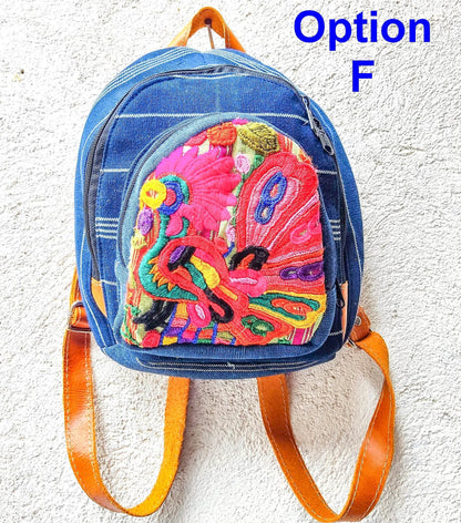 Guatemalan Upcycled Cotton INDIGO Backpack Huipil Pocket LEATHER Straps