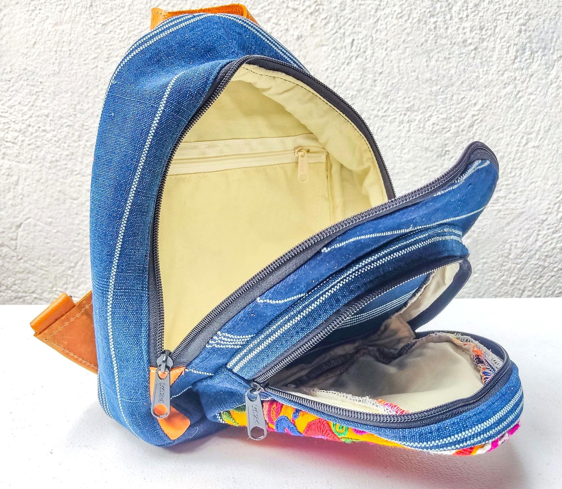Guatemalan Upcycled Cotton INDIGO Backpack Huipil Pocket LEATHER Straps