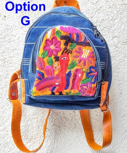 Guatemalan Upcycled Cotton INDIGO Backpack Huipil Pocket LEATHER Straps