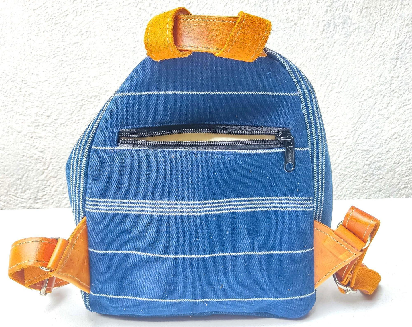 Guatemalan Upcycled Cotton INDIGO Backpack Huipil Pocket LEATHER Straps