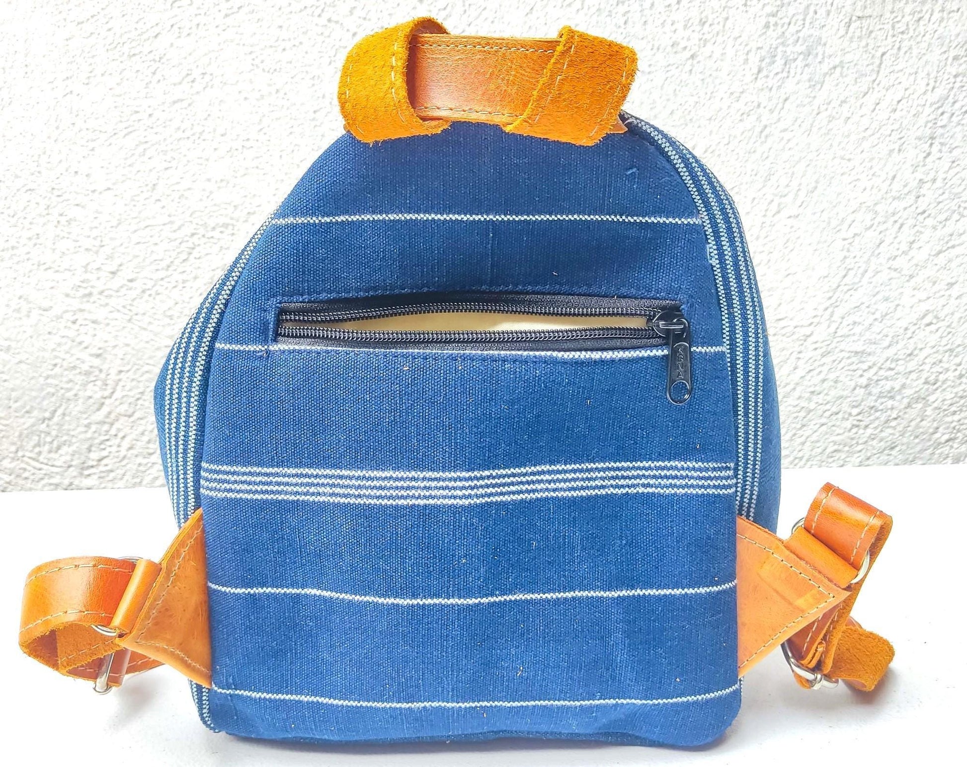 Guatemalan Upcycled Cotton INDIGO Backpack Huipil Pocket LEATHER Straps