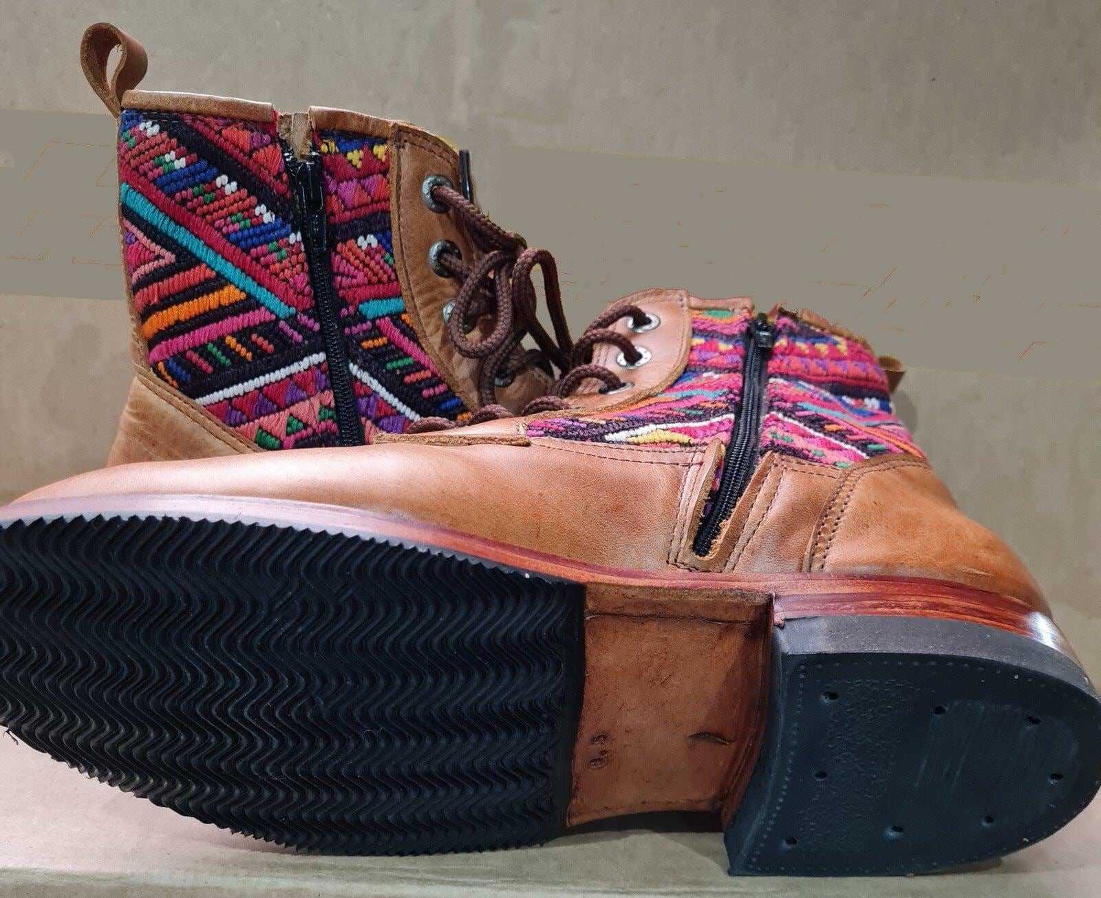 Custom Huipil Pattern GUATEMALAN Authentic LEATHER Lace Up BOOTS For Women - Geniune Leather & Rubber Outsole Zipper Shoes