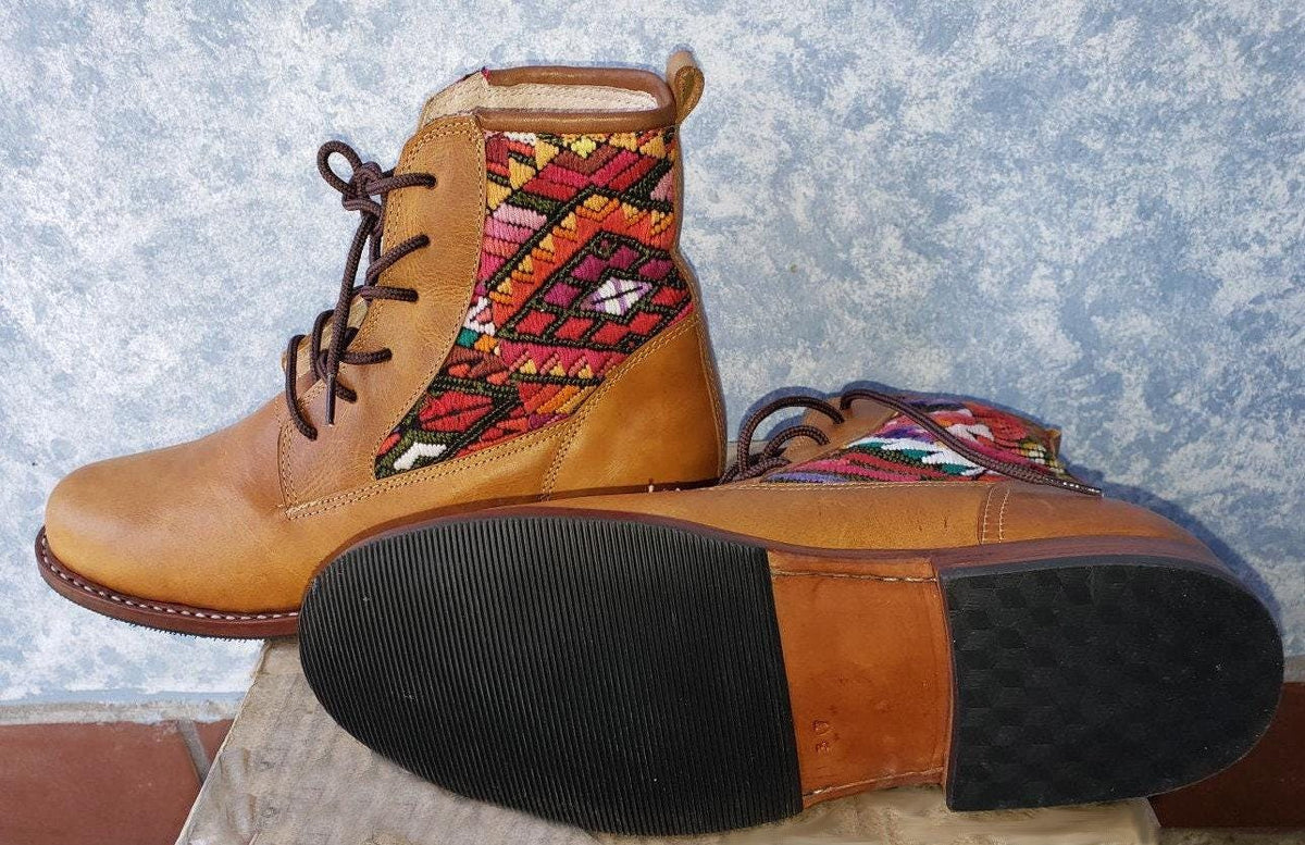 Custom Huipil Pattern GUATEMALAN Authentic LEATHER Lace Up BOOTS For Women - Geniune Leather & Rubber Outsole Zipper Shoes