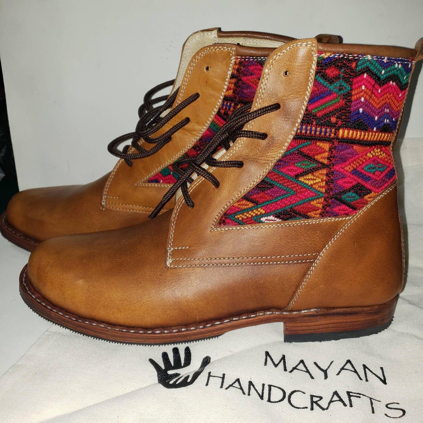 Custom Huipil Pattern GUATEMALAN Authentic LEATHER Lace Up BOOTS For Women - Geniune Leather & Rubber Outsole Zipper Shoes