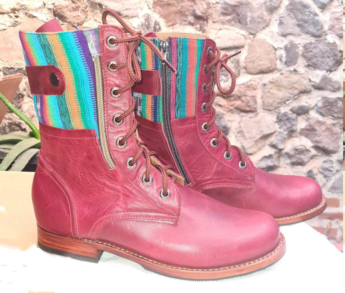 Custom Pattern GUATEMALAN Authentic LEATHER Lace Up BOOTS For Women - Geniune Leather & Rubber Outsole Zipper Shoes
