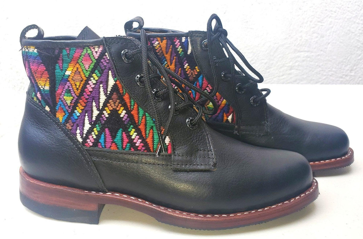 Custom Huipil Pattern GUATEMALAN Authentic LEATHER Lace Up BOOTS For Women - Geniune Leather & Rubber Outsole Zipper Shoes customizable