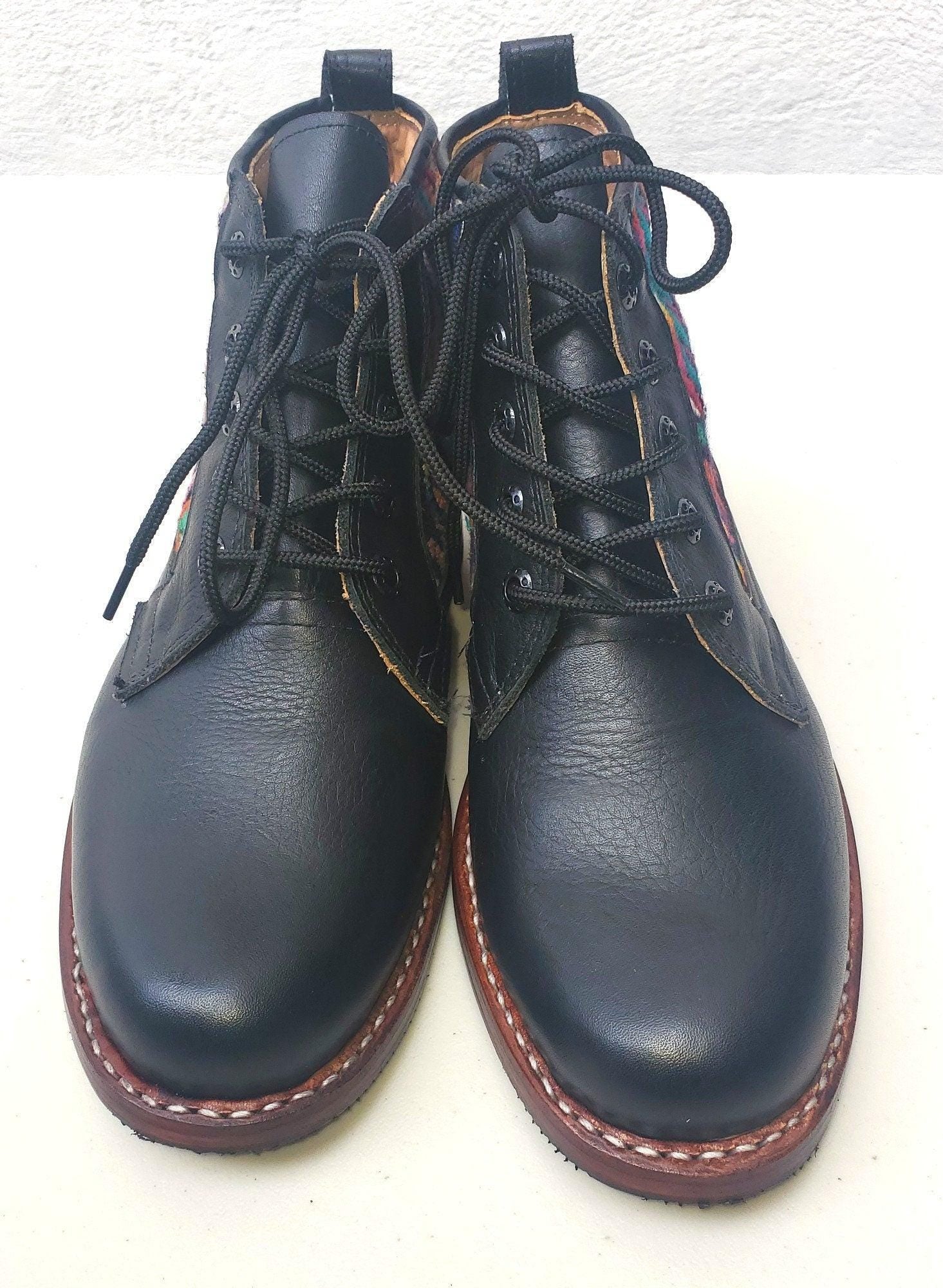 Custom Huipil Pattern GUATEMALAN Authentic LEATHER Lace Up BOOTS For Women - Geniune Leather & Rubber Outsole Zipper Shoes customizable