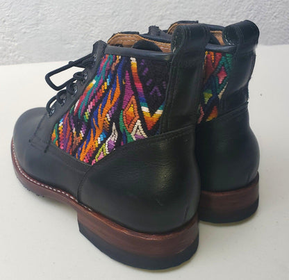 Custom Huipil Pattern GUATEMALAN Authentic LEATHER Lace Up BOOTS For Women - Geniune Leather & Rubber Outsole Zipper Shoes customizable