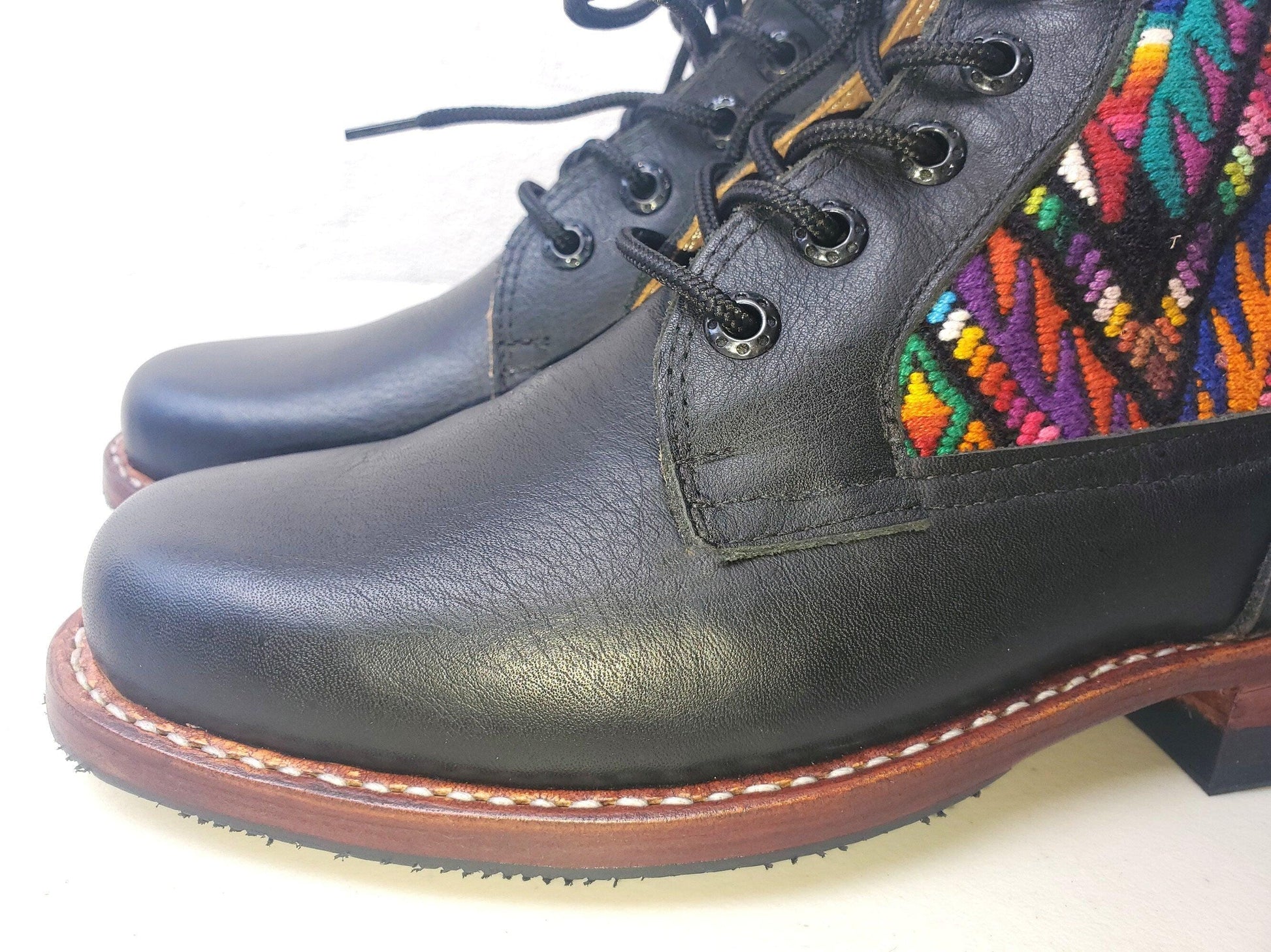 Custom Huipil Pattern GUATEMALAN Authentic LEATHER Lace Up BOOTS For Women - Geniune Leather & Rubber Outsole Zipper Shoes customizable
