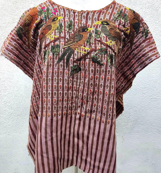 Vintage handmade embroidered birds Santiago Atitlan huipil cotton wall decor tapestry