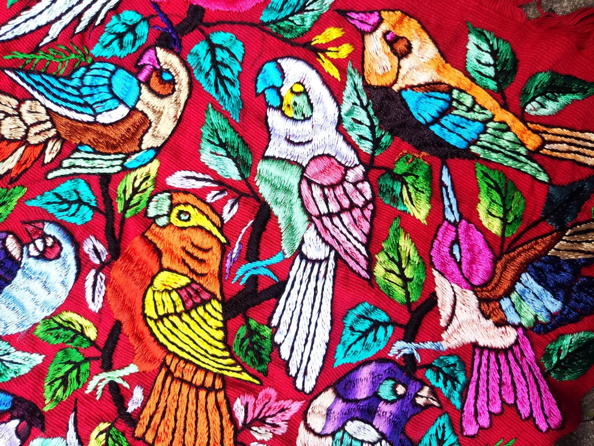 Unique Red Guatemala Silk hand-embroidery -Bird and Forest motives table runner-
