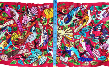 Unique Red Guatemala Silk hand-embroidery -Bird and Forest motives table runner-