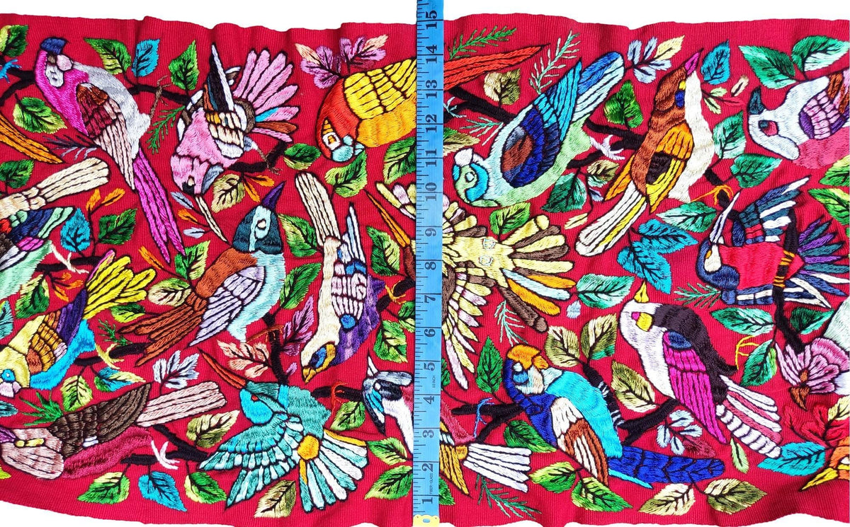 Unique Red Guatemala Silk hand-embroidery -Bird and Forest motives table runner-