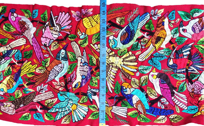 Unique Red Guatemala Silk hand-embroidery -Bird and Forest motives table runner-