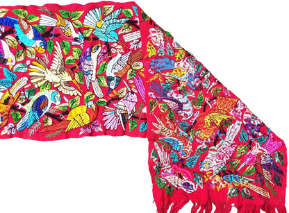 Unique Red Guatemala Silk hand-embroidery -Bird and Forest motives table runner-