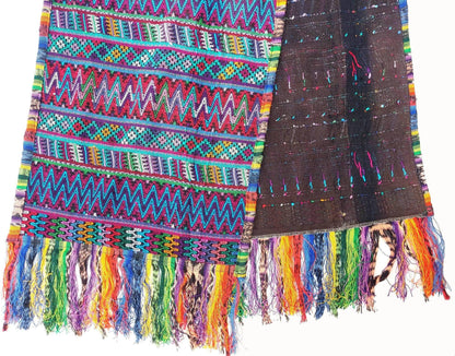 Vintage unique Guatemala handmade weaved cotton SILK fringes -San MARTIN Jilotepeque huipil- Geometric ZIGZAG motives table runner