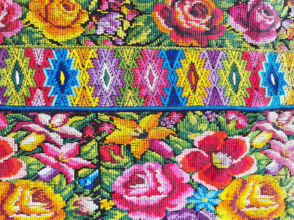Vintage unique Guatemala handmade weaved cotton silk fringes -Comalapa huipil- birds motives table runner