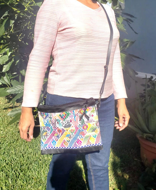 Aesthetic Woman Guatemalan Leather Huipil CROSSBODY Wristlet CLUTCH PURSE - 100% Cotton Lining Purse