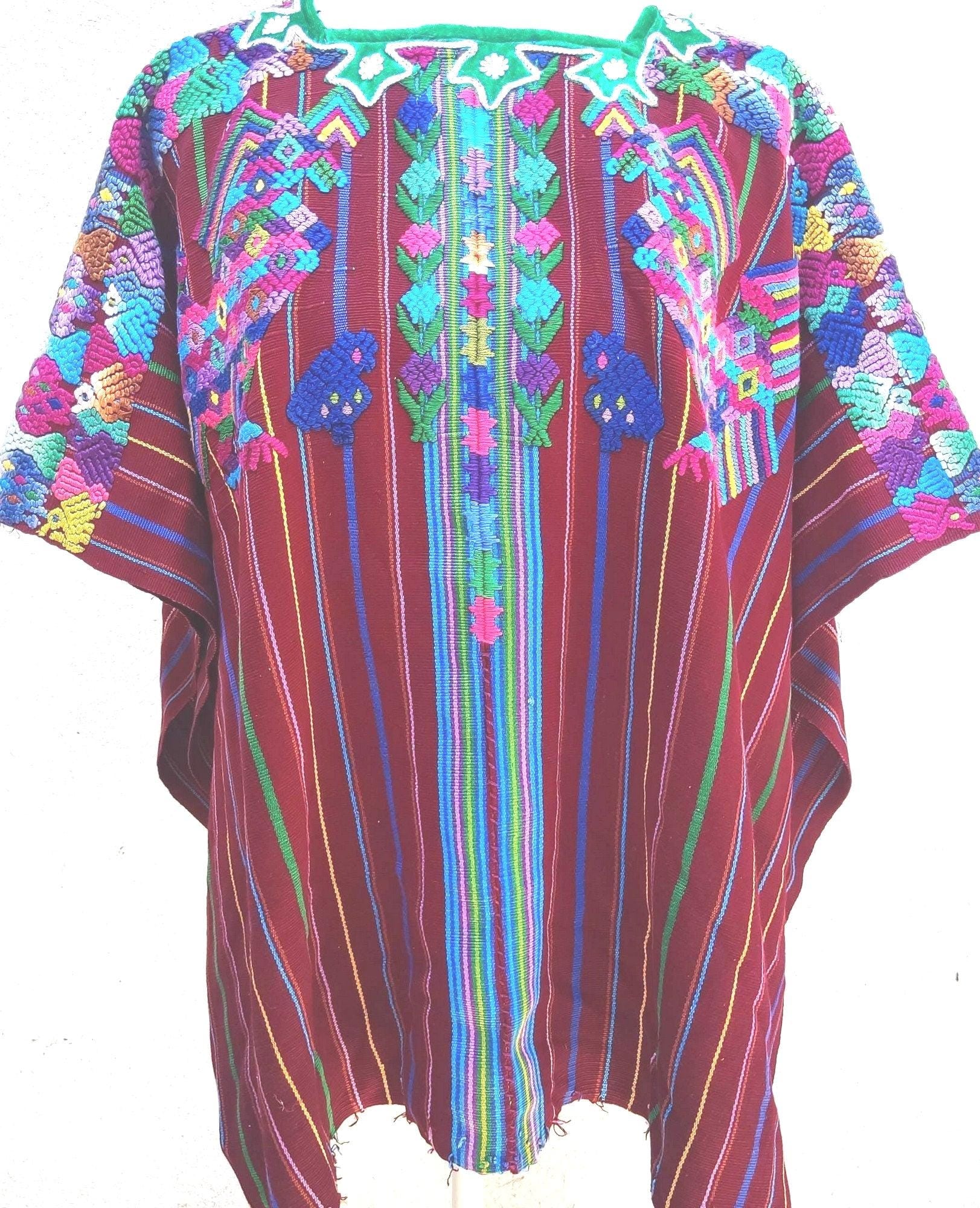 Vintage Guatemalan Unique Handmade Weaved Cotton BURGUNDY -Mayan ROOSTERS -Santo Domingo XENACOJ huipil-