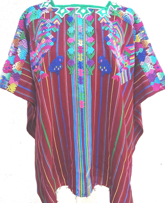 Vintage Guatemalan Unique Handmade Weaved Cotton BURGUNDY -Mayan ROOSTERS -Santo Domingo XENACOJ huipil-