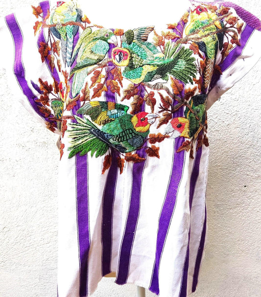 Vintage Handmade EMBROIDERED Parrots SANTIAGO Atitlan Huipil Cotton Wall Decor Tapestry