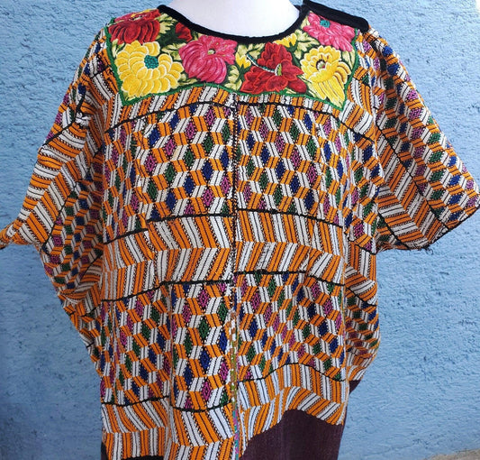 Vintage white black unique handmade weaved cotton Almolonga Quetzaltenango huipil