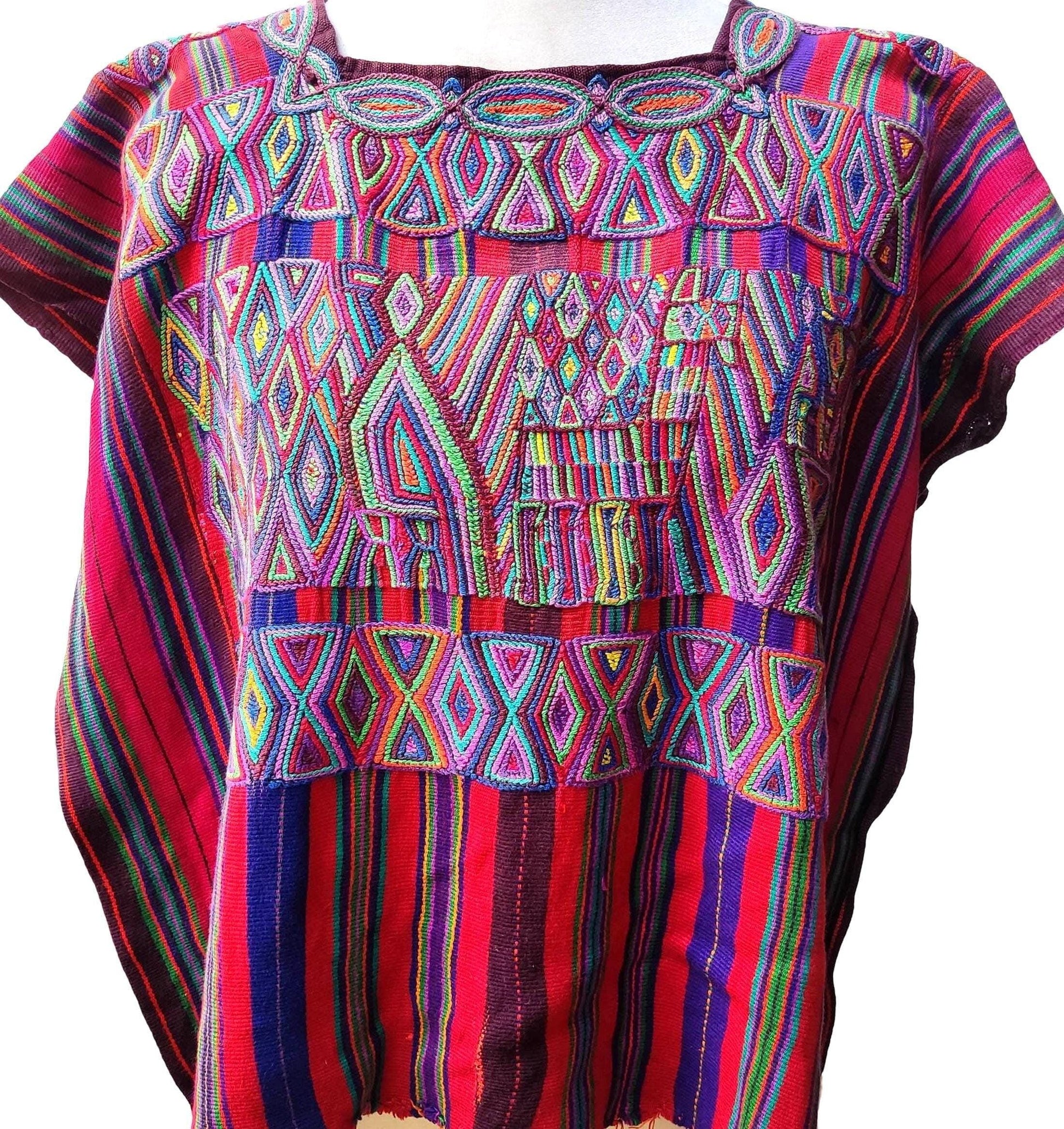 Vintage Guatemalan Unique Red Handmade Weaved Cotton -NEBAJ QUICHE Huipil- Birds HORSES and Geometric Patterns